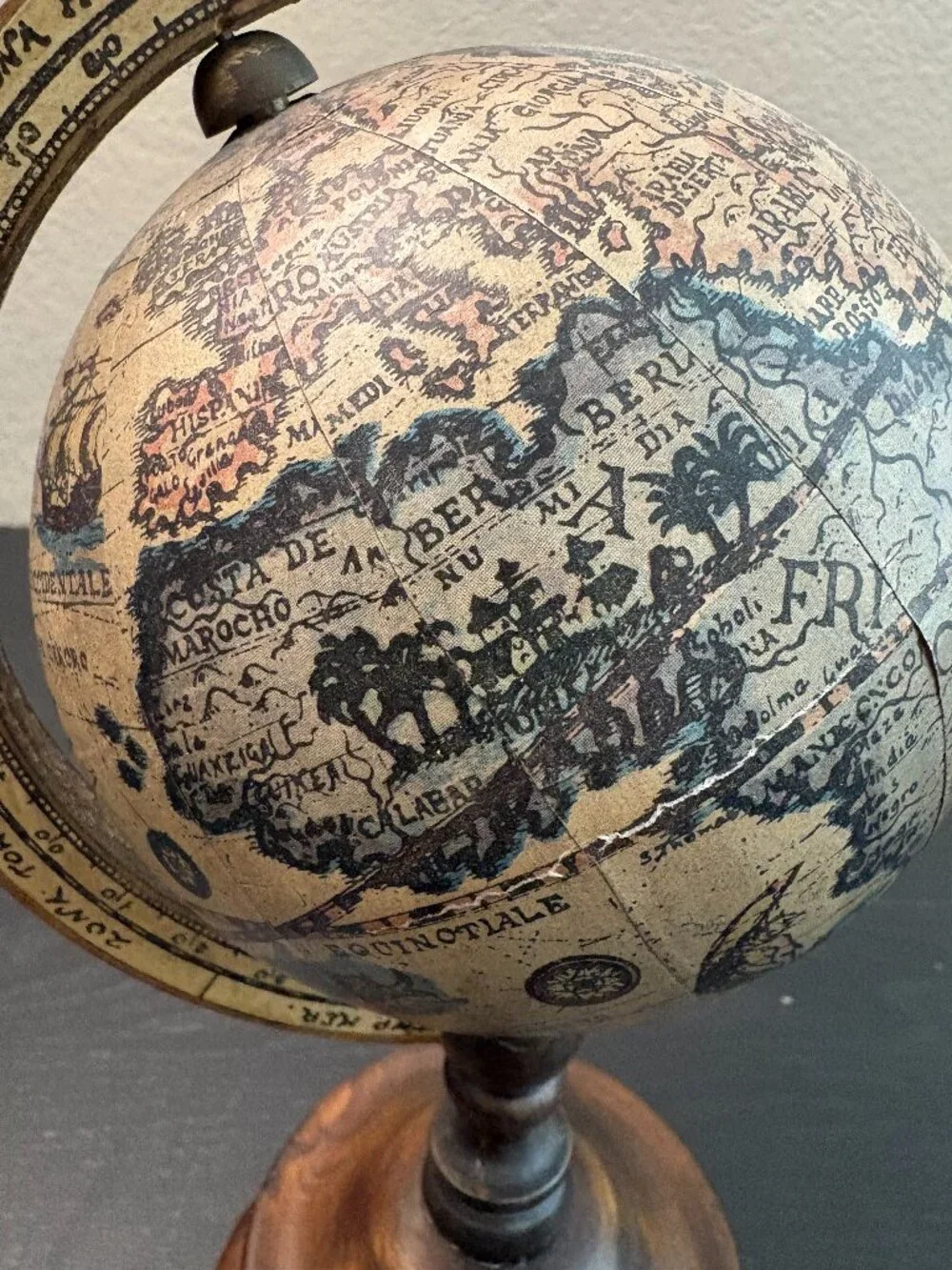 Vintage Mini World Globe Italy Wood Stand Old World Map Library Office Decor